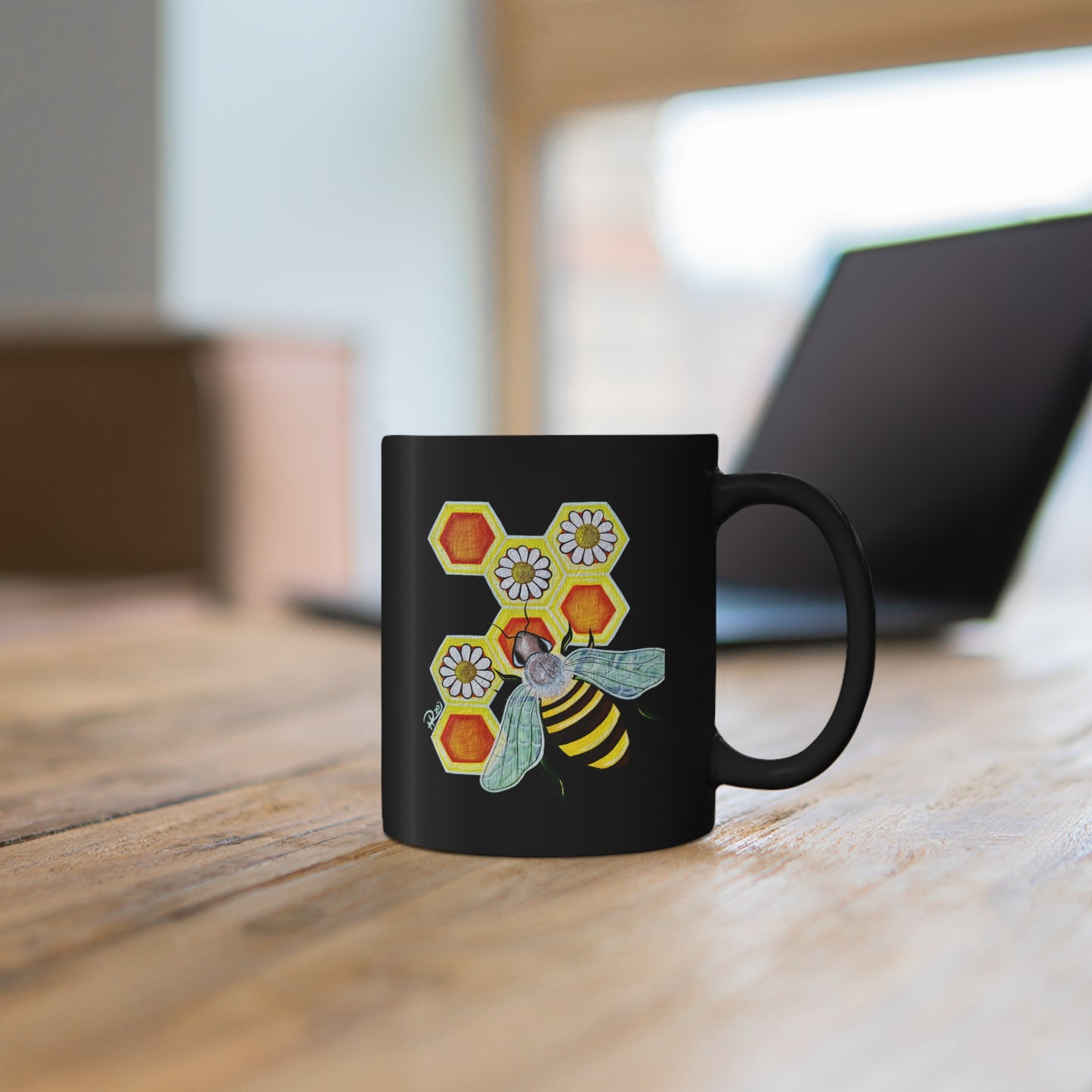 Bee Honeycomb And Daisies 11oz Black Ceramic Mug