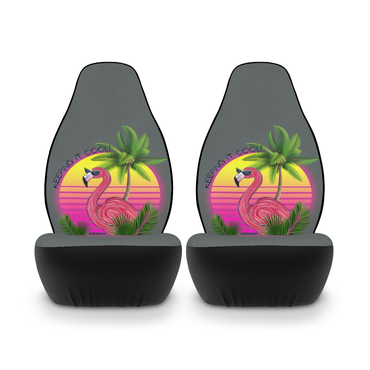 Keeping It Cool Flamingo Beach Sunset Dark Grey Polyester Car Seat Covers (Set of 2)