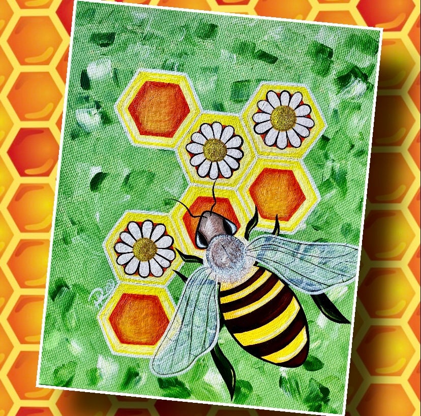 Bee and Daisies Honeycomb Bee Lovers Nature Art Original Acrylic Painting