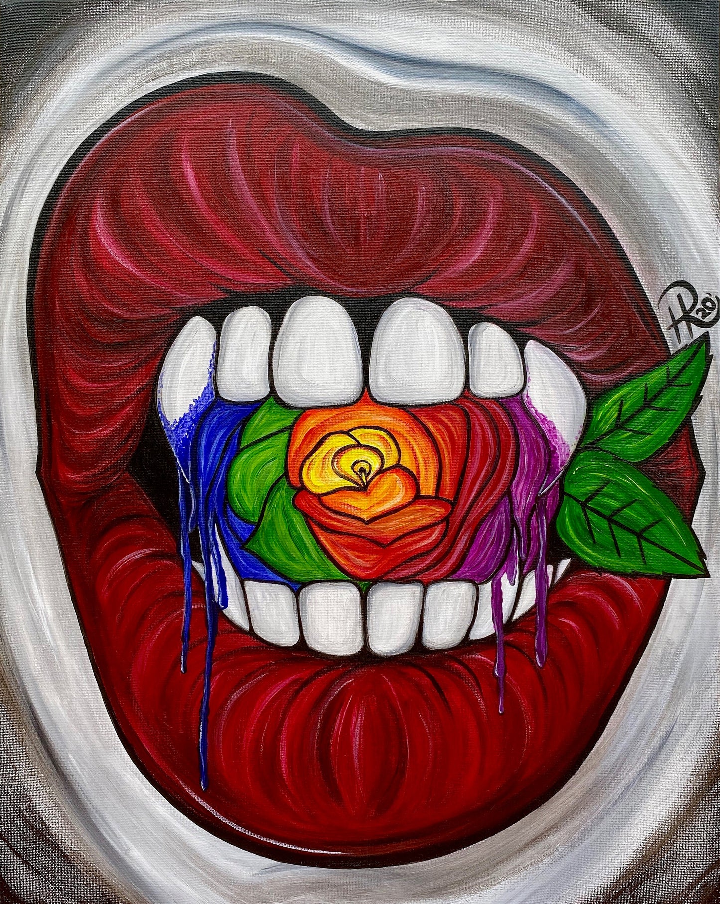 Sucker For Love Red Vampire Lips Rainbow Rose Original Acrylic Painting