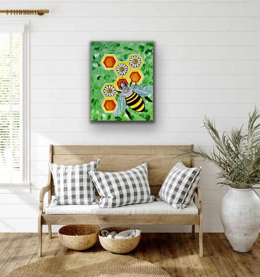 Bee and Daisies Honeycomb Bee Lovers Nature Art Original Acrylic Painting