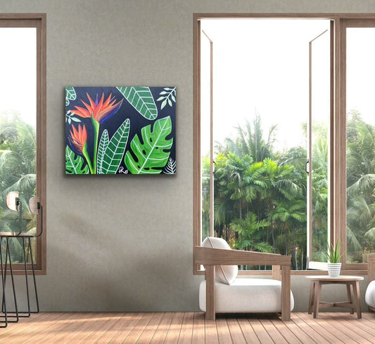 Bird Of Paradise Tropical Plants Nature Artwork Original Acrylic Painting