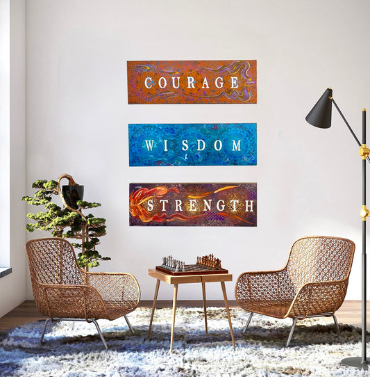Courage Wisdom Strength Inspirational Motivational Spiritual Abstract Artwork Original Painting Canvas Set