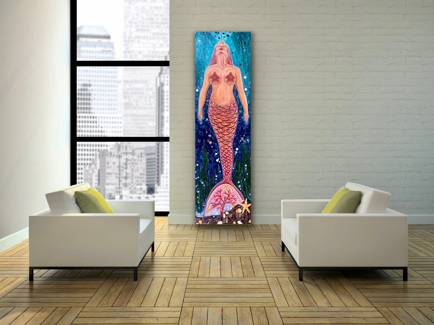 Mermaid Underwater Ocean Seashells Reef Mirror Glass Mosaic Custom Framed Artwork Mixed Media Original Acrylic Painting