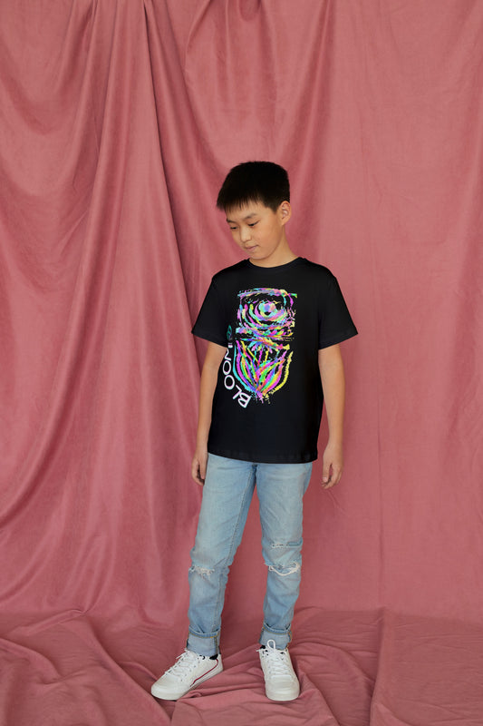 Bloom Abstract Rose Flower Art Kids Youth Short Sleeve Unisex Black T-shirt